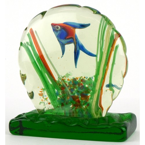 77 - A Murano glass aquarium sculpture internally painted with a fish amongst reeds, 14cm high.