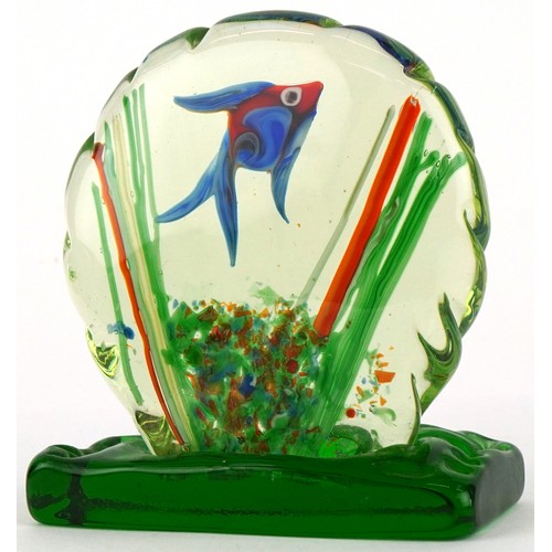 77 - A Murano glass aquarium sculpture internally painted with a fish amongst reeds, 14cm high.