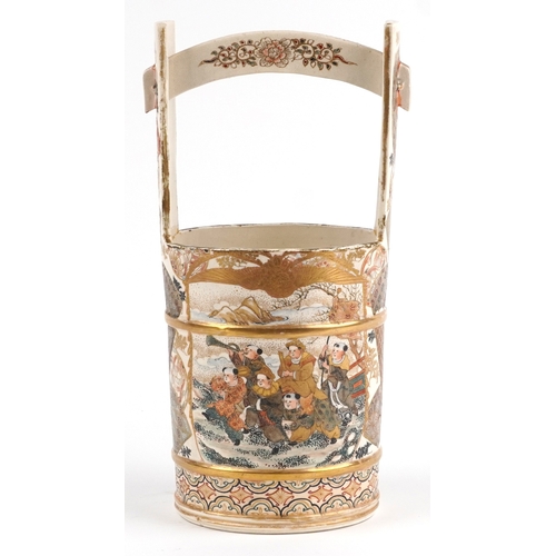 58 - A Japanese Meiji Satsuma earthenware basket vase hand painted with an emperor and attendants, 37cm h... 