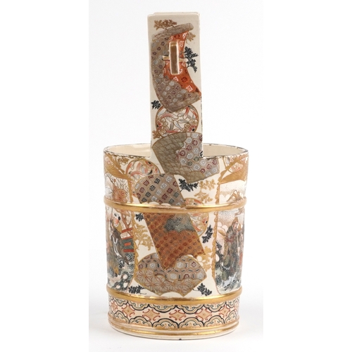 58 - A Japanese Meiji Satsuma earthenware basket vase hand painted with an emperor and attendants, 37cm h... 