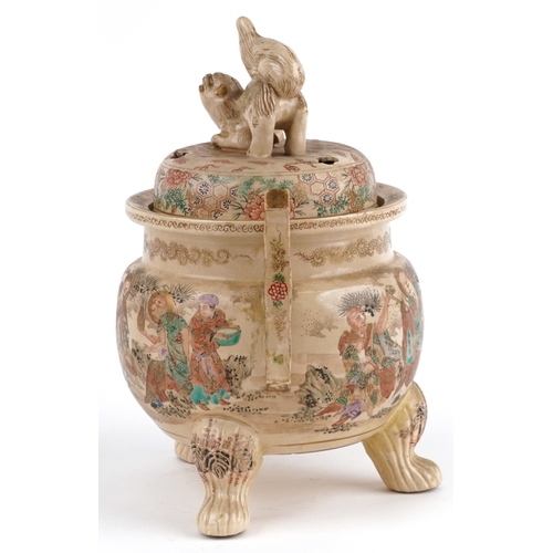 57 - A fine Japanese Meiji Satsuma earthenware tripod censer and cover with dog of foo knop, hand painted... 