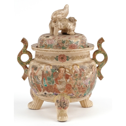 57 - A fine Japanese Meiji Satsuma earthenware tripod censer and cover with dog of foo knop, hand painted... 