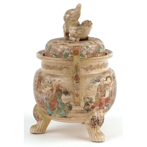 57 - A fine Japanese Meiji Satsuma earthenware tripod censer and cover with dog of foo knop, hand painted... 