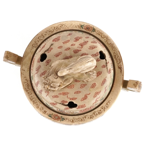 57 - A fine Japanese Meiji Satsuma earthenware tripod censer and cover with dog of foo knop, hand painted... 