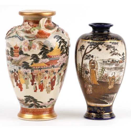 64 - Two fine Japanese Satsuma baluster vases, one decorated in relief with cherry blossom and a bird, ch... 