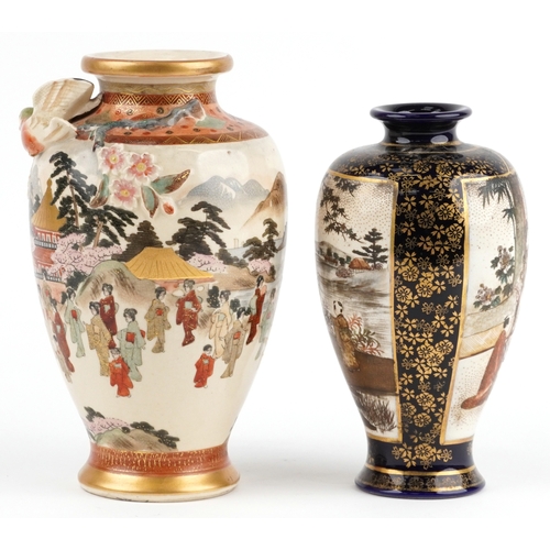 64 - Two fine Japanese Satsuma baluster vases, one decorated in relief with cherry blossom and a bird, ch... 