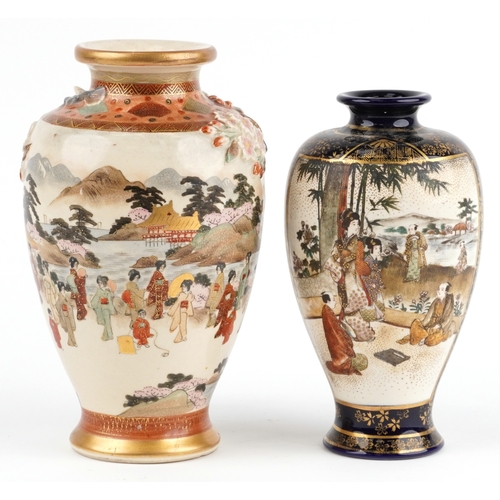 64 - Two fine Japanese Satsuma baluster vases, one decorated in relief with cherry blossom and a bird, ch... 