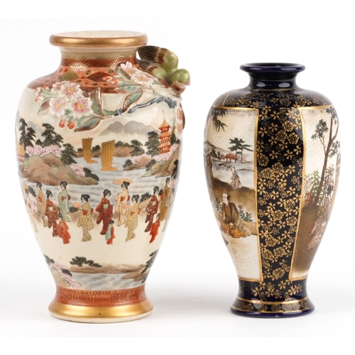 64 - Two fine Japanese Satsuma baluster vases, one decorated in relief with cherry blossom and a bird, ch... 