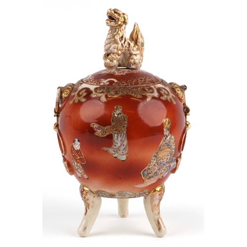 62 - A Japanese Satsuma tripod censer and cover having a dog of Foo knop, hand painted with an emperor, 3... 