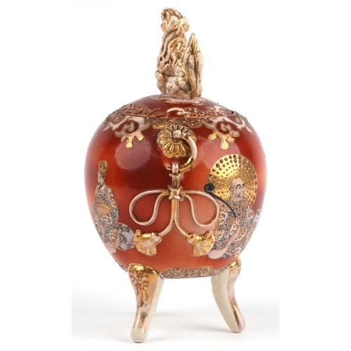 62 - A Japanese Satsuma tripod censer and cover having a dog of Foo knop, hand painted with an emperor, 3... 