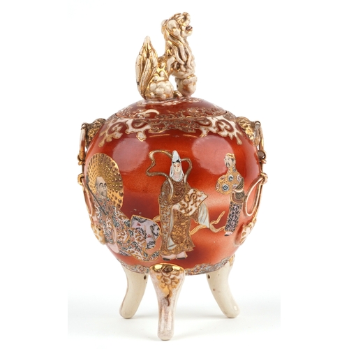62 - A Japanese Satsuma tripod censer and cover having a dog of Foo knop, hand painted with an emperor, 3... 