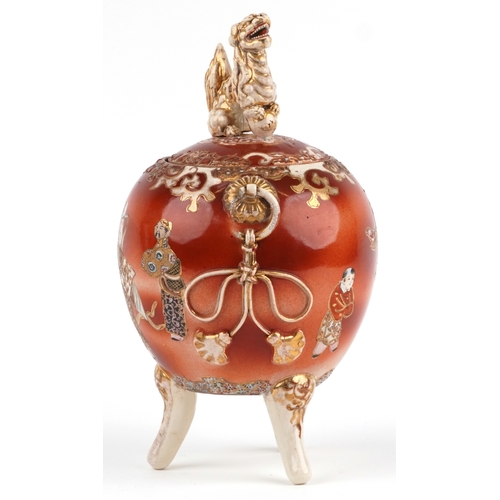 62 - A Japanese Satsuma tripod censer and cover having a dog of Foo knop, hand painted with an emperor, 3... 