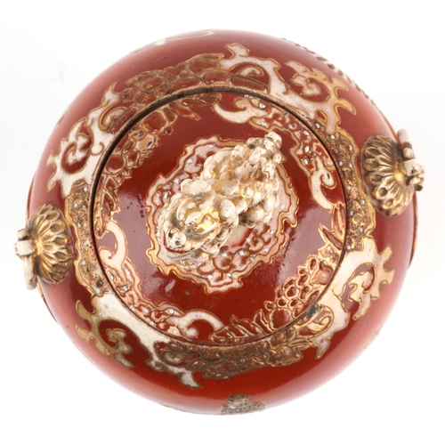 62 - A Japanese Satsuma tripod censer and cover having a dog of Foo knop, hand painted with an emperor, 3... 