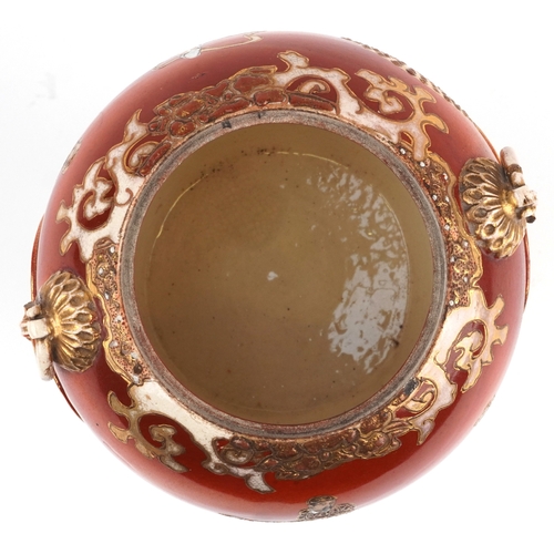 62 - A Japanese Satsuma tripod censer and cover having a dog of Foo knop, hand painted with an emperor, 3... 