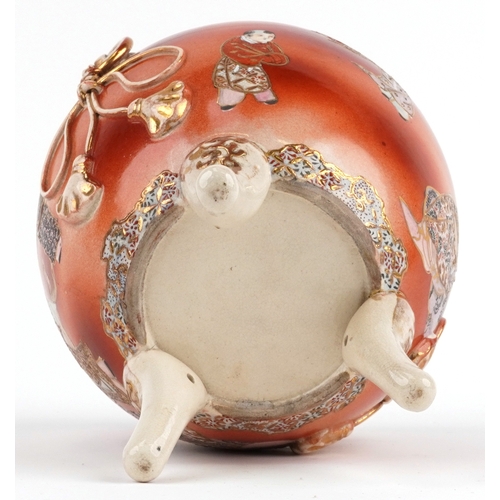 62 - A Japanese Satsuma tripod censer and cover having a dog of Foo knop, hand painted with an emperor, 3... 