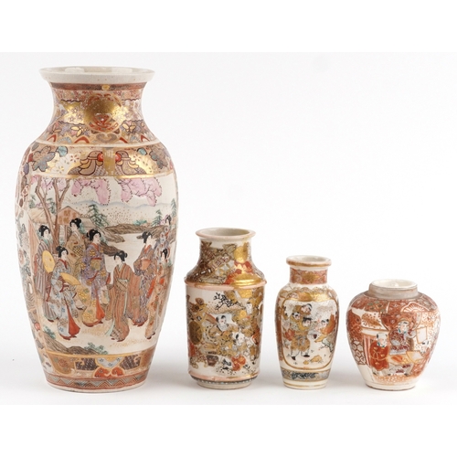 61 - A large Japanese Meiji Satsuma baluster vase hand painted with Japanese ladies together with two sma... 