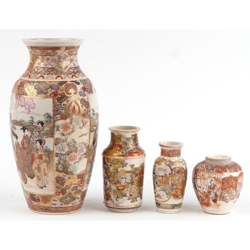 61 - A large Japanese Meiji Satsuma baluster vase hand painted with Japanese ladies together with two sma... 