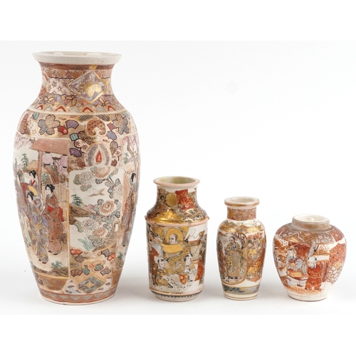 61 - A large Japanese Meiji Satsuma baluster vase hand painted with Japanese ladies together with two sma... 