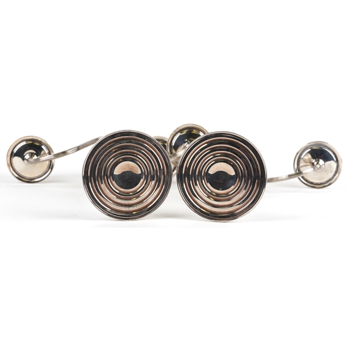  A pair of sterling silver three branch weighted candelabras, 37cm high, total 2452g.