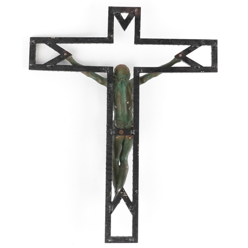 40 - A spelter and verdigris wall crucifix, 40cm high.