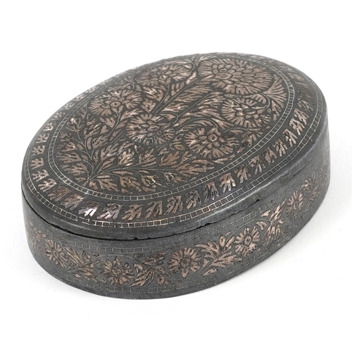  A Korean iron box and cover with floral white metal inlay, 12.5cm wide.