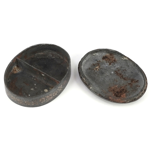  A Korean iron box and cover with floral white metal inlay, 12.5cm wide.