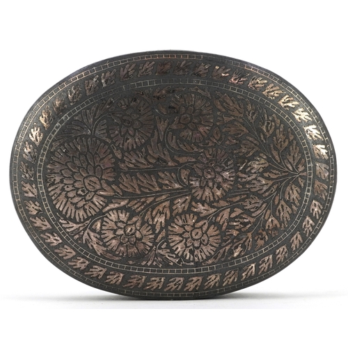  A Korean iron box and cover with floral white metal inlay, 12.5cm wide.