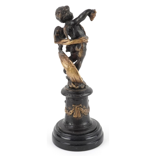34 - Louis Beataux, a French bronze figure of a Putto raised on a marble plinth base, 19cm high.