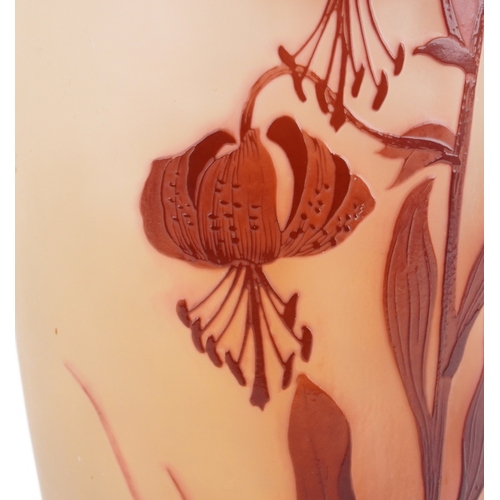 9 - Émile Gallé, a tall cameo glass vase overlaid with stylized flowers, 46cm high.