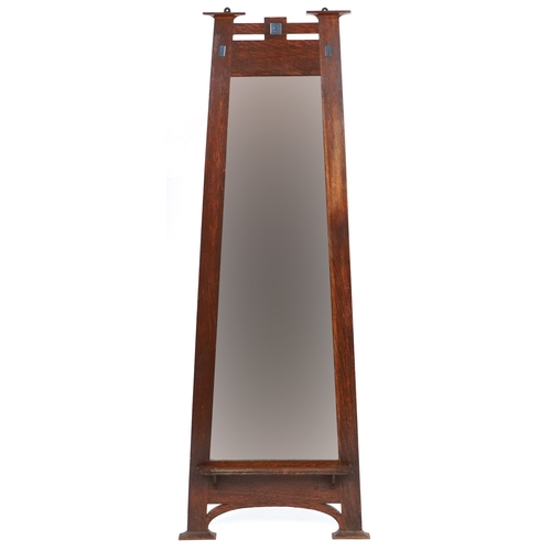  Liberty's Arts & Crafts oak full length mirror inset with Ruskin style pottery tiles, 185cm x 68cm.