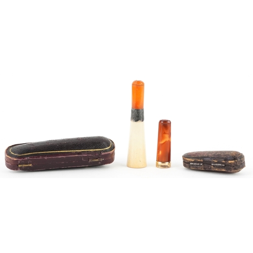 103 - A Meerschaum cheroot holder with amber coloured mouthpiece and silver collar together with an 18ct g... 