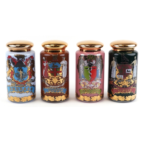 80 - A set of four Royal Pharmaceutical Society enamelled and 22ct gold gilt glass apothecary/spice jars,... 