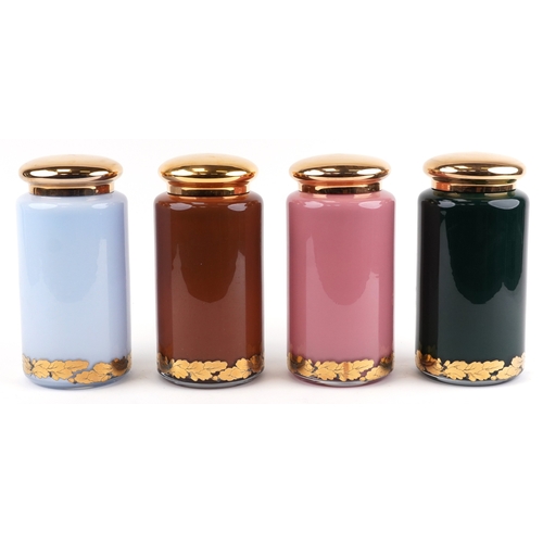 80 - A set of four Royal Pharmaceutical Society enamelled and 22ct gold gilt glass apothecary/spice jars,... 