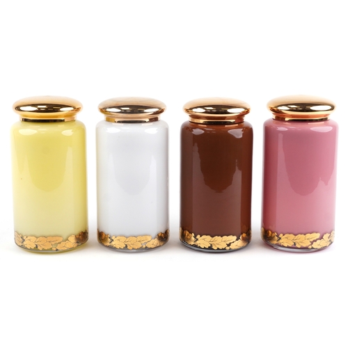 78 - A set of four Royal Pharmaceutical Society enamelled and 22ct gold gilt glass apothecary/spice jars,... 