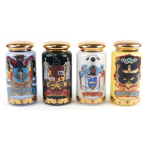 79 - A set of four Royal Pharmaceutical Society enamelled and 22ct gold gilt glass apothecary/spice jars,... 