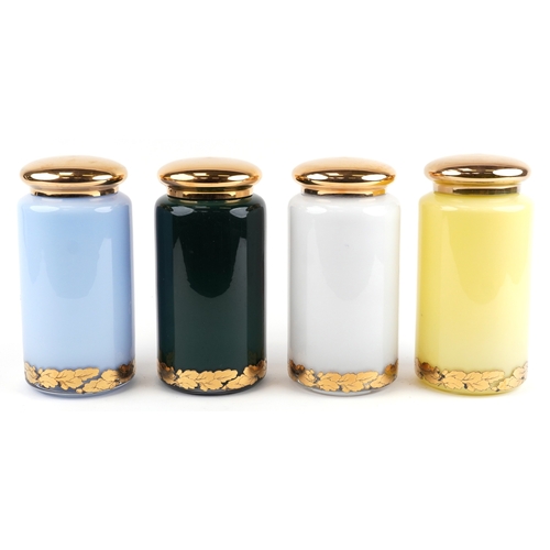 79 - A set of four Royal Pharmaceutical Society enamelled and 22ct gold gilt glass apothecary/spice jars,... 