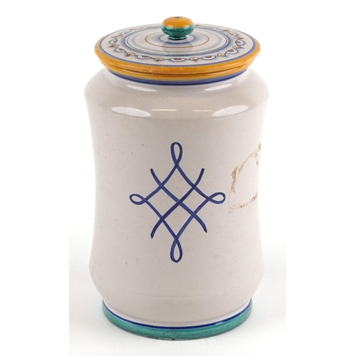 17 - A 20th century Italian Majolica apothecary jar inscribed Sal Mirabile (Miraculous Salt), depicting a... 