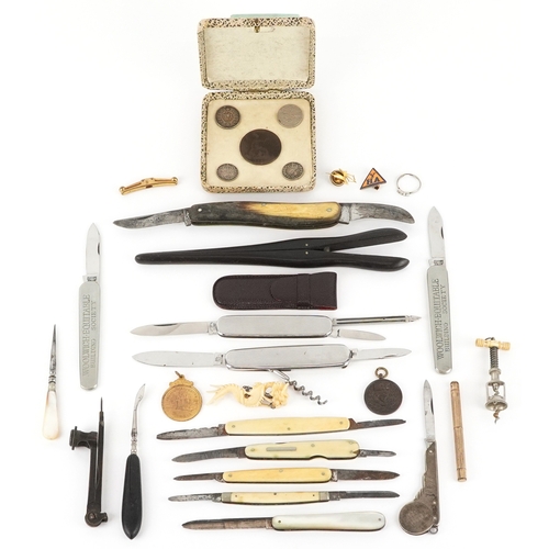 Antique and later sundry items including pocket tools, some flanked ...