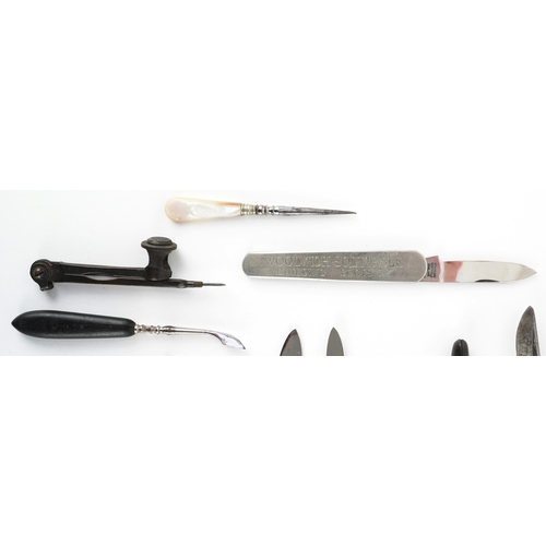 Antique and later sundry items including pocket tools, some flanked ...