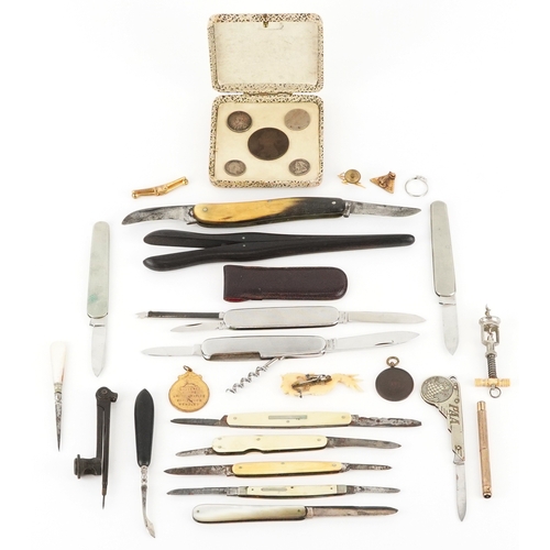 Antique and later sundry items including pocket tools, some flanked ...
