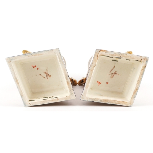 32 - A pair of late 19th century Ridgeways Old Derby pattern vases with phoenix handles, 29cm high.
