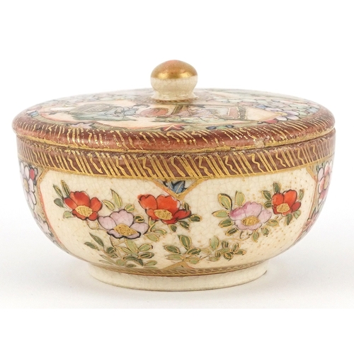 54 - A Japanese Satsuma earthenware pot and cover finely hand painted with figures and flowers, character... 