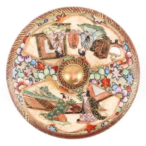 54 - A Japanese Satsuma earthenware pot and cover finely hand painted with figures and flowers, character... 