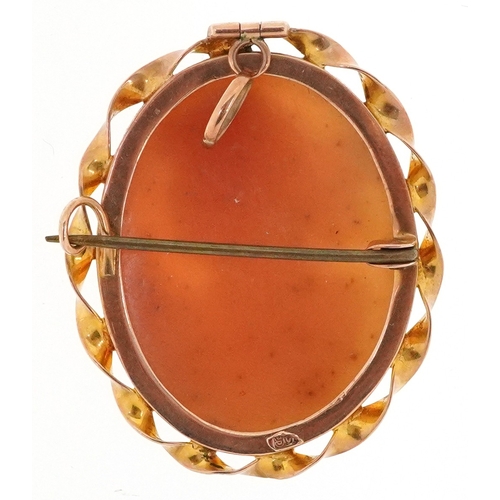  A 9ct gold mounted cameo brooch carved with the goddess Nyx, 3.4cm high, 7.6g.