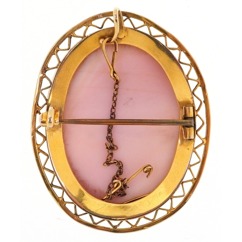  An antique unmarked high carat gold mounted angel skin cameo brooch carved with a maiden, 4.6cm high... 