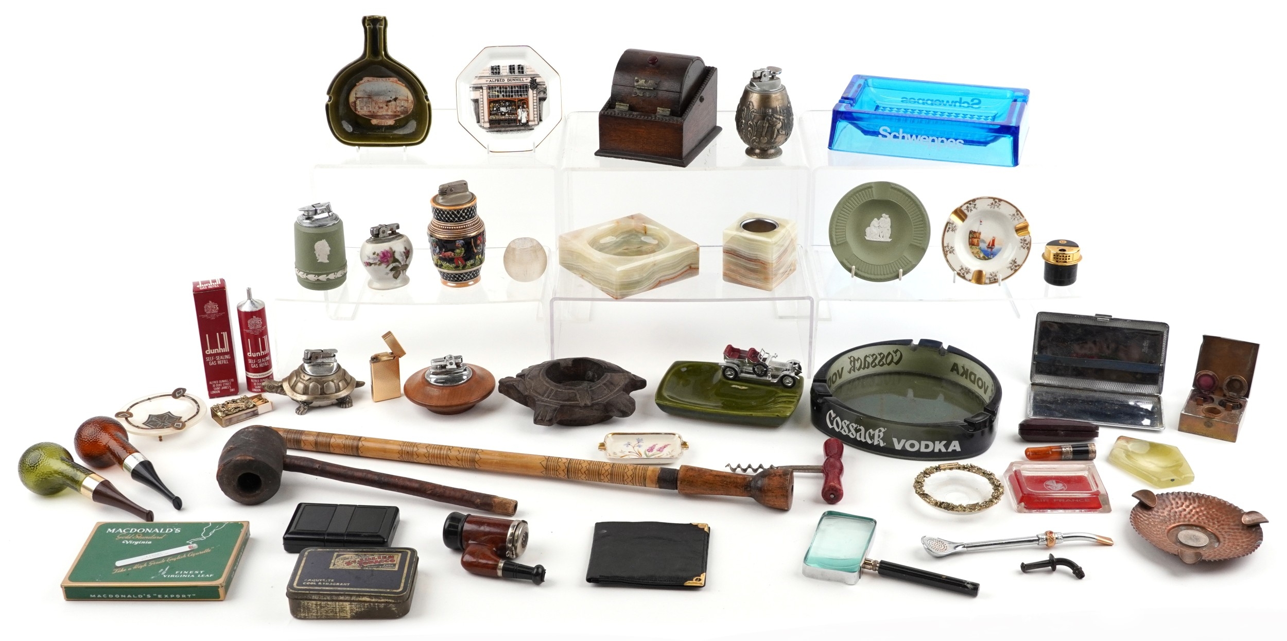 Smoking objects, some advertising, including glass ashtrays, onyx table ...