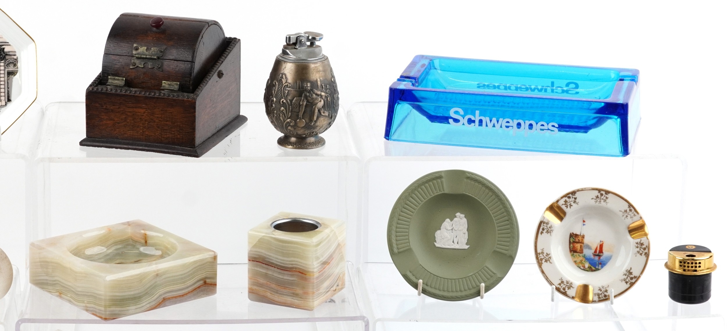 Smoking objects, some advertising, including glass ashtrays, onyx table ...