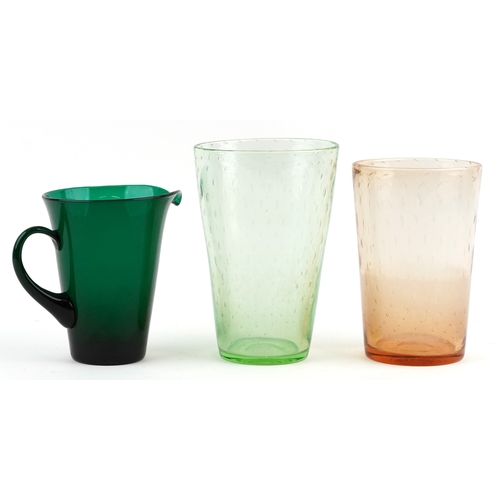 8 - Whitefriars, two controlled bubble glass vases and a green glass jug, the largest 25.5cm high.
