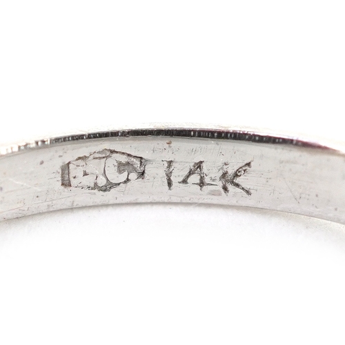  A 14K white gold cultured pearl and ruby ring with leaf design shoulders, size L, together with a pa... 