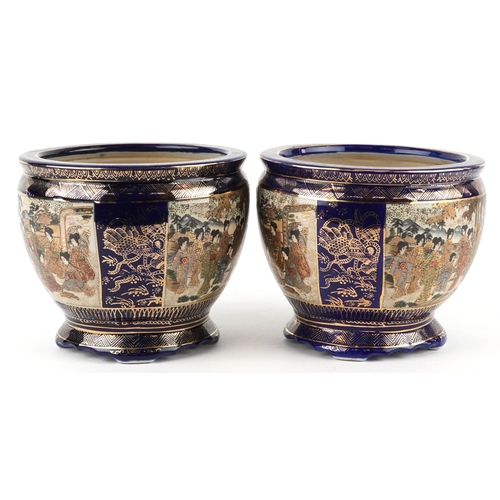63 - A pair of Japanese Satsuma earthenware jardinières finely hand painted with panels of figures onto a... 